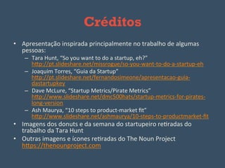 Créditos
•  Apresentação	
  inspirada	
  principalmente	
  no	
  trabalho	
  de	
  algumas	
  
pessoas:	
  
–  Tara	
  Hunt,	
  “So	
  you	
  want	
  to	
  do	
  a	
  startup,	
  eh?”	
  
h"p://pt.slideshare.net/missrogue/so-­‐you-­‐want-­‐to-­‐do-­‐a-­‐startup-­‐eh	
  	
  
–  Joaquim	
  Torres,	
  “Guia	
  da	
  Startup”	
  
h"p://pt.slideshare.net/fernandosimeone/apresentacao-­‐guia-­‐
dastartupkey	
  	
  
–  Dave	
  McLure,	
  “Startup	
  Metrics/Pirate	
  Metrics”	
  
h"p://www.slideshare.net/dmc500hats/startup-­‐metrics-­‐for-­‐pirates-­‐
long-­‐version	
  	
  
–  Ash	
  Maurya,	
  “10	
  steps	
  to	
  product-­‐market	
  ﬁt”	
  
h"p://www.slideshare.net/ashmaurya/10-­‐steps-­‐to-­‐productmarket-­‐ﬁt	
  	
  
•  Imagens	
  dos	
  donuts	
  e	
  da	
  semana	
  do	
  startupeiro	
  reXradas	
  do	
  
trabalho	
  da	
  Tara	
  Hunt	
  
•  Outras	
  imagens	
  e	
  ícones	
  reXradas	
  do	
  The	
  Noun	
  Project	
  
h"ps://thenounproject.com	
  	
  
	
  
 