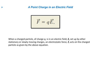  A Point Charge in an Electric Field
When a charged particle, of charge q, is in an electric field, E, set up by other
stationary or slowly moving charges, an electrostatic force, F, acts on the charged
particle as given by the above equation.
 
