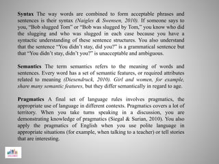 Syntax The way words are combined to form acceptable phrases and
sentences is their syntax (Naigles & Swensen, 2010). If someone says to
you, “Bob slugged Tom” or “Bob was slugged by Tom,” you know who did
the slugging and who was slugged in each case because you have a
syntactic understanding of these sentence structures. You also understand
that the sentence “You didn’t stay, did you?” is a grammatical sentence but
that “You didn’t stay, didn’t you?” is unacceptable and ambiguous.
Semantics The term semantics refers to the meaning of words and
sentences. Every word has a set of semantic features, or required attributes
related to meaning (Diesendruck, 2010). Girl and women, for example,
share many semantic features, but they differ semantically in regard to age.
Pragmatics A final set of language rules involves pragmatics, the
appropriate use of language in different contexts. Pragmatics covers a lot of
territory. When you take turns speaking in a discussion, you are
demonstrating knowledge of pragmatics (Siegal & Surian, 2010). You also
apply the pragmatics of English when you use polite language in
appropriate situations (for example, when talking to a teacher) or tell stories
that are interesting.
 