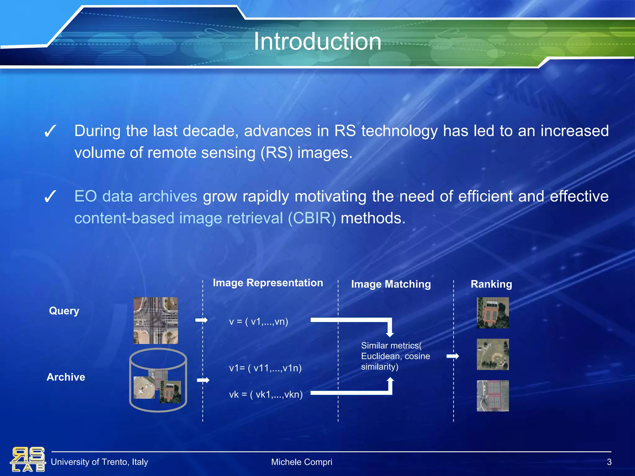 University of Trento, Italy
Introduction
Michele Compri
✓ During the last decade, advances in RS technology has led to an increased
volume of remote sensing (RS) images.
✓ EO data archives grow rapidly motivating the need of efficient and effective
content-based image retrieval (CBIR) methods.
3
Query
Archive
Similar metrics(
Euclidean, cosine
similarity)
v = ( v1,...,vn)
v1= ( v11,...,v1n)
vk = ( vk1,...,vkn)
Image MatchingImage Representation Ranking
 