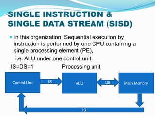SINGLE INSTRUCTION &
SINGLE DATA STREAM (SISD)
 In this organization, Sequential execution by
instruction is performed by one CPU containing a
single processing element (PE),
i.e. ALU under one control unit.
IS=DS=1 Processing unit
Control Unit ALU Main MemoryIS DS
IS
 