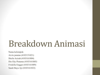 Breakdown Animasi
Nama kelompok:
Arvin janatan (4103151021)
Sheila Azizah (4103161004)
Dio Eky Pratama (4103161005)
Friskilla Enggar (4103161009)
Sandi Bayu Aji (4103161022)
 