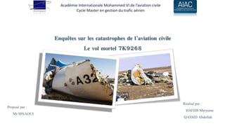 Académie Internationale Mohammed VI de l’aviation civile
Cycle Master en gestion du trafic aérien
Enquêtes sur les catastrophes de l’aviation civile
Le vol mortel 7K9268
Proposé par :
Mr MNAOUI
Réalisé par :
HAFIDI Meryeme
QASSID Abdellah
 