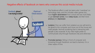 o The Facebook effect is real, but teens who "overdose" on
technology daily, and this includes video games too,
have higher absenteeism from school and are more likely
to get stomach aches, have sleep issues, and feel more
anxious and depressed.
o Isolation: One can suffer from isolation as one will tend to
be glued to the computer and move out of the house and
meet people. Normal socializing that is interacting with
people is also essential. A shy child might prefer to
communicate only through Facebook only and otherwise
o Promotes laziness: Sitting in front of computer and
browsing through Facebook can lead to laziness. It is a
sheer waste of time
Negative effects of facebook on teens who overuse this social media include
 