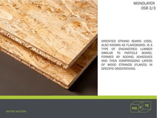 MONOLAYER
OSB 2/3
ORIENTED STRAND BOARD (OSB),
ALSO KNOWN AS FLAKEBOARD, IS A
TYPE OF ENGINEERED LUMBER
SIMILAR TO PARTICLE BOARD,
FORMED BY ADDING ADHESIVES
AND THEN COMPRESSING LAYERS
OF WOOD STRANDS (FLAKES) IN
SPECIFIC ORIENTATIONS.
 