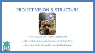 PROJECT VISION & STRUCTURE
• Client Company name : KONGSI NUBIS VAPOR
• Address : No.54, Jalan Mustapha Al Bakri, 30300, Ipoh, Perak.
• Client Name :Mohd Burhanuddin Helmi Bin Mohd Dahalan
 