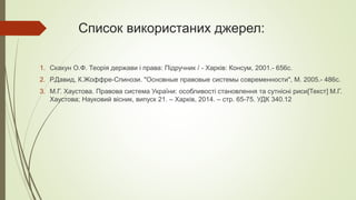 Список використаних джерел:
1. Скакун О.Ф. Теорія держави і права: Підручник / - Харків: Консум, 2001.- 656с.
2. Р.Давид, К.Жоффре-Спинози. "Основные правовые системы современности", М. 2005.- 486с.
3. М.Г. Хаустова. Правова система України: особливості становлення та сутнісні риси[Текст] М.Г.
Хаустова; Науковий вісник, випуск 21. – Харків, 2014. – стр. 65-75. УДК 340.12
 