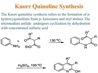 Knorr Quinoline Synthesis
The Knorr quinoline synthesis refers to the formation of a-
hydroxyquinolines from p- ketoesters and aryl amines The
intermediate anilide undergoes cyclization by dehydration
with concentrated sulfuric acid
 