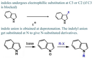 indoles undergoes electrophillic substitution at C3 or C2 (if C3
is blocked)
indole anion is obtained at deprotonation. The indolyl anion
get substituted at N to give N-substituted derivatives.
 