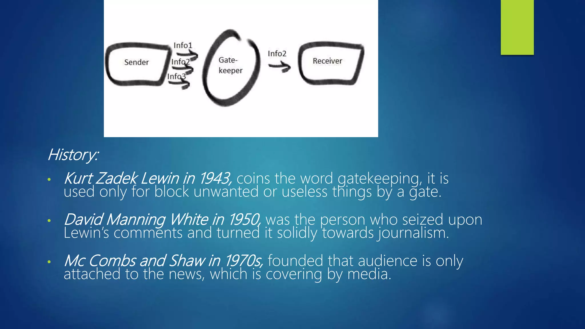 History:
• Kurt Zadek Lewin in 1943, coins the word gatekeeping, it is
used only for block unwanted or useless things by a gate.
• David Manning White in 1950, was the person who seized upon
Lewin’s comments and turned it solidly towards journalism.
• Mc Combs and Shaw in 1970s, founded that audience is only
attached to the news, which is covering by media.
 