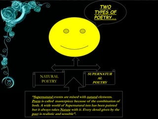 TWO
TYPES OF
POETRY….
NATURAL
POETRY
SUPERNATUR
AL
POETRY
 Y
“Supernatural events are mixed with natural elements.
Poem is called masterpiece because of the combination of
both. A wide world of Supernatural ism has been painted
but it always takes Nature with it. Every detail given by the
poet is realistic and sensible”.
 