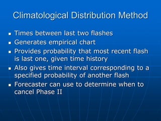  Times between last two flashes
 Generates empirical chart
 Provides probability that most recent flash
is last one, given time history
 Also gives time interval corresponding to a
specified probability of another flash
 Forecaster can use to determine when to
cancel Phase II
Climatological Distribution Method
 