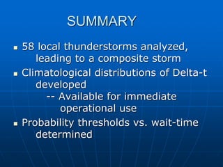 SUMMARY
 58 local thunderstorms analyzed,
leading to a composite storm
 Climatological distributions of Delta-t
developed
-- Available for immediate
operational use
 Probability thresholds vs. wait-time
determined
 