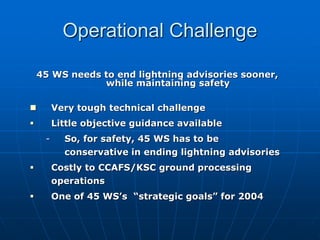 Operational Challenge
45 WS needs to end lightning advisories sooner,
while maintaining safety
 Very tough technical challenge
 Little objective guidance available
- So, for safety, 45 WS has to be
conservative in ending lightning advisories
 Costly to CCAFS/KSC ground processing
operations
 One of 45 WS’s “strategic goals” for 2004
 