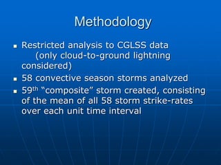 Methodology
 Restricted analysis to CGLSS data
(only cloud-to-ground lightning
considered)
 58 convective season storms analyzed
 59th “composite” storm created, consisting
of the mean of all 58 storm strike-rates
over each unit time interval
 