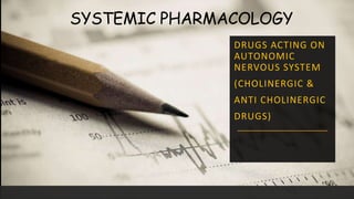 SYSTEMIC PHARMACOLOGY
DRUGS ACTING ON
AUTONOMIC
NERVOUS SYSTEM
(CHOLINERGIC &
ANTI CHOLINERGIC
DRUGS)
 