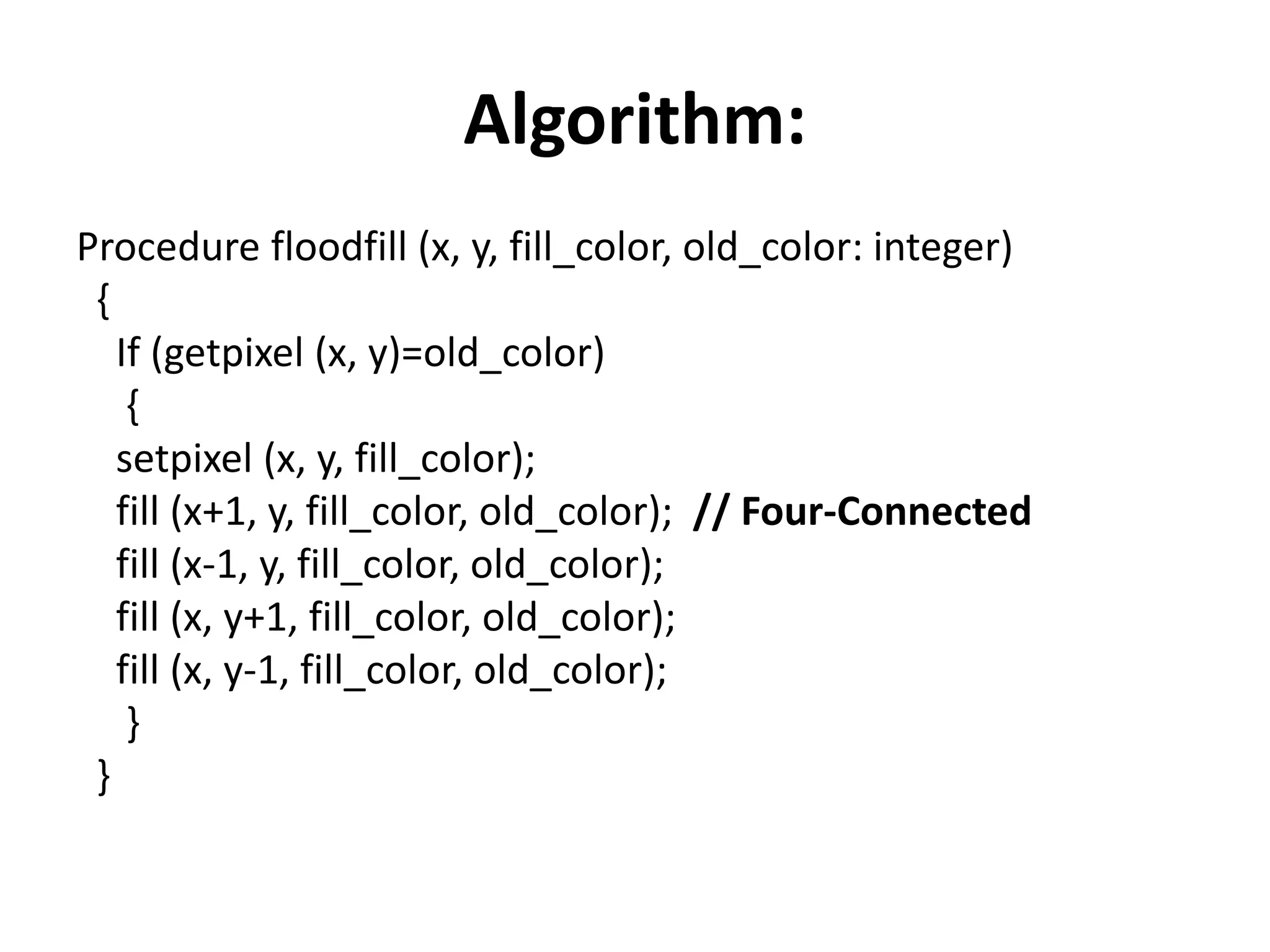 Algorithm:
Procedure floodfill (x, y, fill_color, old_color: integer)
{
If (getpixel (x, y)=old_color)
{
setpixel (x, y, fill_color);
fill (x+1, y, fill_color, old_color); // Four-Connected
fill (x-1, y, fill_color, old_color);
fill (x, y+1, fill_color, old_color);
fill (x, y-1, fill_color, old_color);
}
}
 