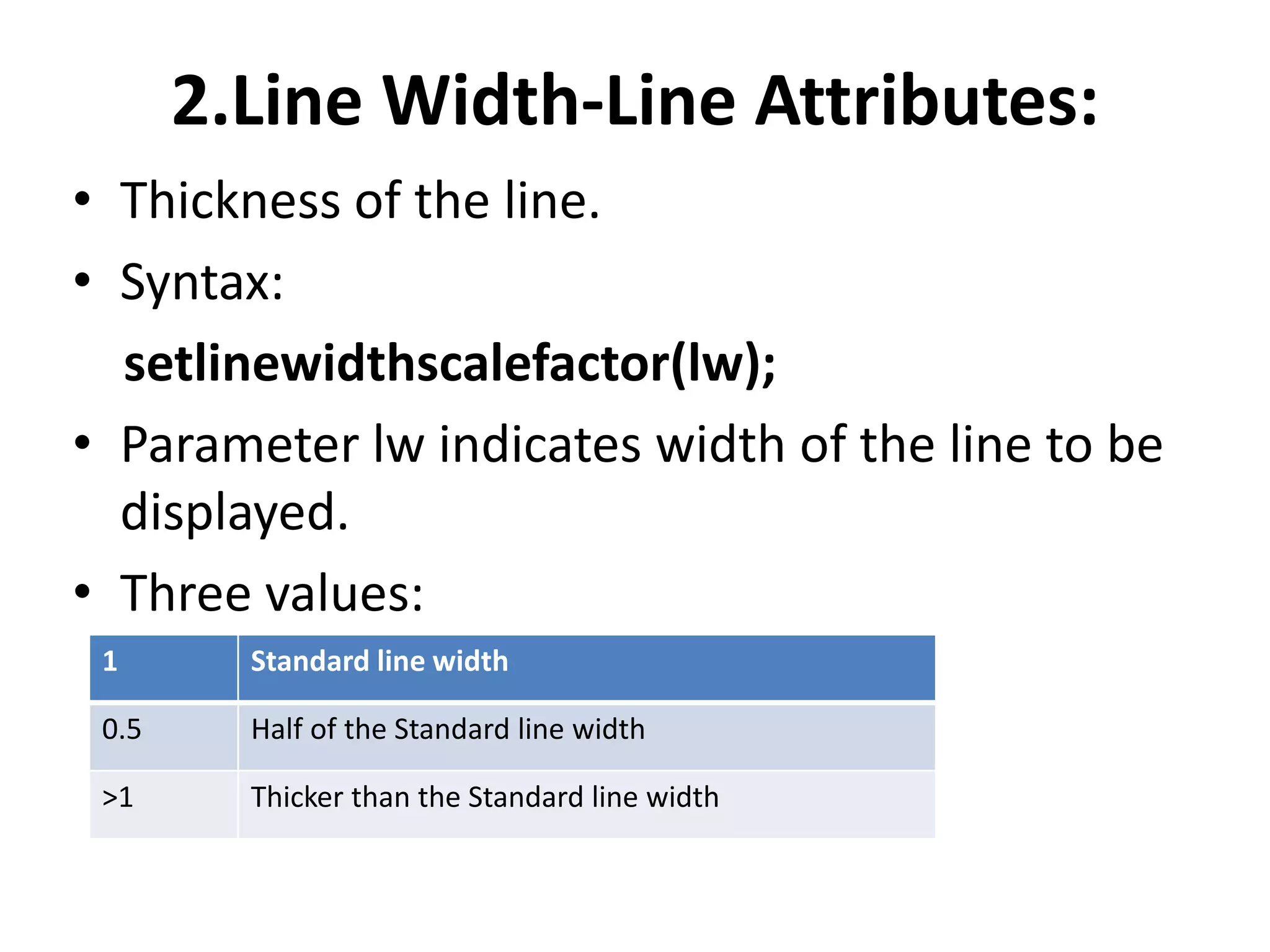 2.Line Width-Line Attributes:
• Thickness of the line.
• Syntax:
setlinewidthscalefactor(lw);
• Parameter lw indicates width of the line to be
displayed.
• Three values:
1 Standard line width
0.5 Half of the Standard line width
>1 Thicker than the Standard line width
 