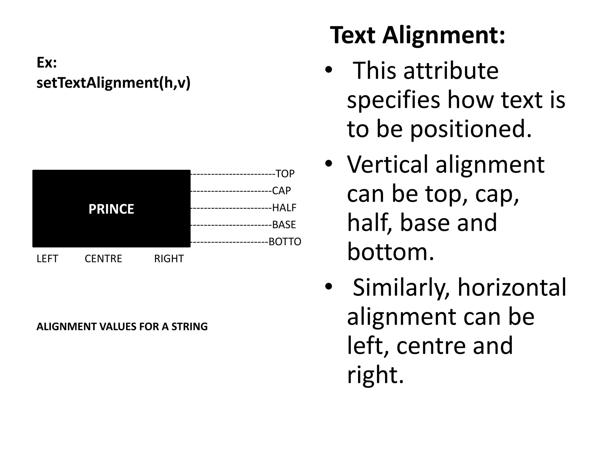Ex:
setTextAlignment(h,v)
Text Alignment:
• This attribute
specifies how text is
to be positioned.
• Vertical alignment
can be top, cap,
half, base and
bottom.
• Similarly, horizontal
alignment can be
left, centre and
right.
------------------------TOP
-----------------------CAP
-----------------------HALF
-----------------------BASE
----------------------BOTTO
LEFT CENTRE RIGHT
ALIGNMENT VALUES FOR A STRING
PRINCE
 