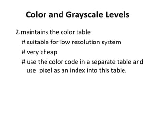 Color and Grayscale Levels
2.maintains the color table
# suitable for low resolution system
# very cheap
# use the color code in a separate table and
use pixel as an index into this table.
 