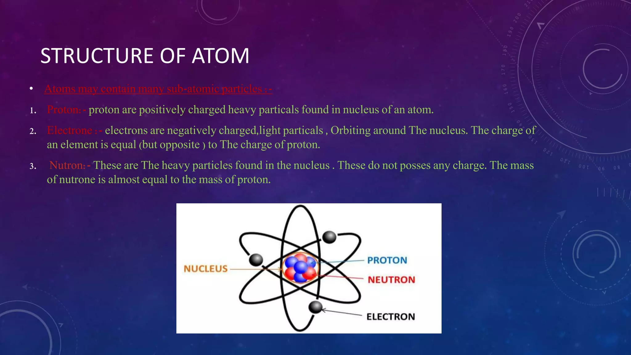 STRUCTURE OF ATOM
• Atoms may contain many sub-atomic particles :-
1. Proton:- proton are positively charged heavy particals found in nucleus of an atom.
2. Electrone :- electrons are negatively charged,light particals , Orbiting around The nucleus. The charge of
an element is equal (but opposite ) to The charge of proton.
3. Nutron:- These are The heavy particles found in the nucleus . These do not posses any charge. The mass
of nutrone is almost equal to the mass of proton.
 