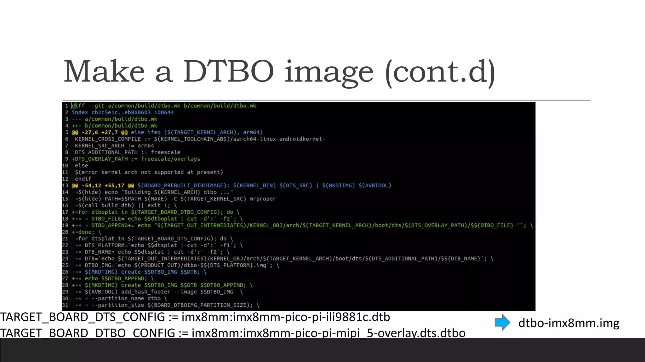 Make a DTBO image (cont.d)
TARGET_BOARD_DTS_CONFIG := imx8mm:imx8mm-pico-pi-ili9881c.dtb
TARGET_BOARD_DTBO_CONFIG := imx8mm:imx8mm-pico-pi-mipi_5-overlay.dts.dtbo
dtbo-imx8mm.img
 