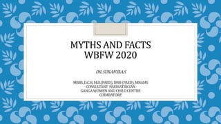 MYTHS AND FACTS
WBFW 2020
DR.SUKANYAA.S
MBBS,D.C.H,M.D.(PAED),DNB(PAED),MNAMS
CONSULTANT PAEDIATRICIAN
GANGAWOMENANDCHILDCENTRE
COIMBATORE
 