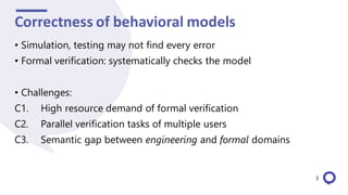 Correctness of behavioral models
• Simulation, testing may not find every error
• Formal verification: systematically checks the model
• Challenges:
C1. High resource demand of formal verification
C2. Parallel verification tasks of multiple users
C3. Semantic gap between engineering and formal domains
3
 