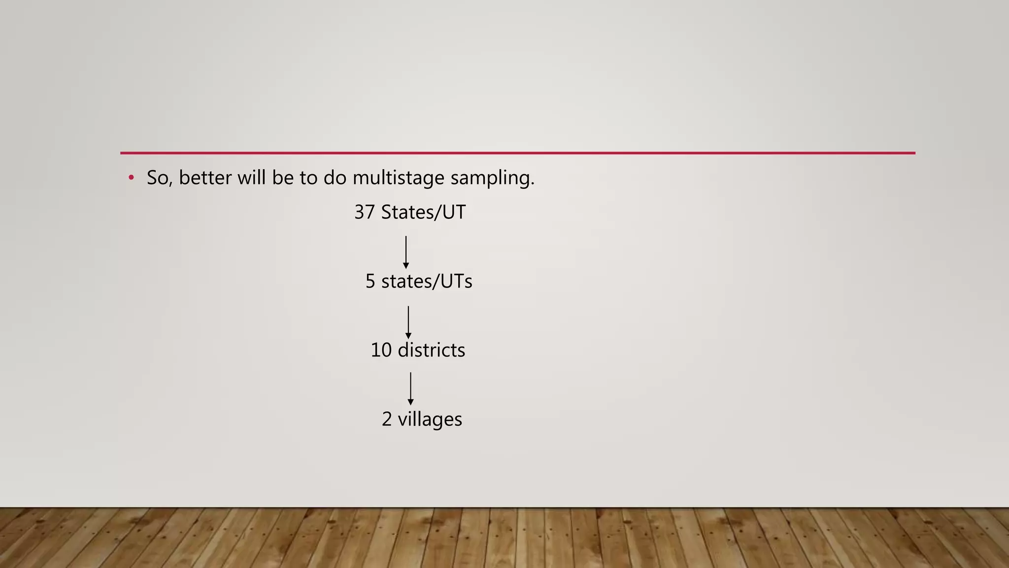 • So, better will be to do multistage sampling.
37 States/UT
5 states/UTs
10 districts
2 villages
 