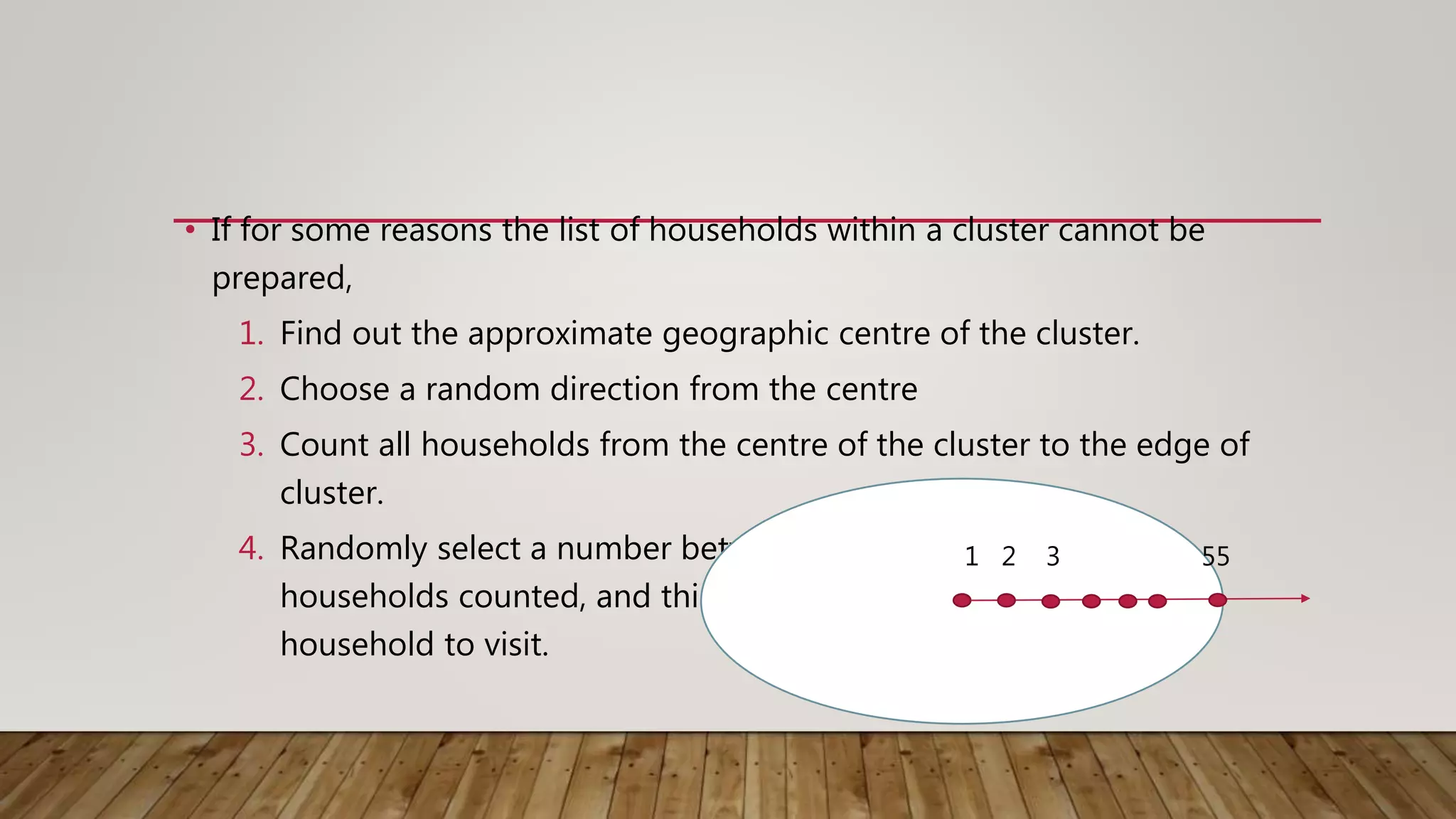 • If for some reasons the list of households within a cluster cannot be
prepared,
1. Find out the approximate geographic centre of the cluster.
2. Choose a random direction from the centre
3. Count all households from the centre of the cluster to the edge of
cluster.
4. Randomly select a number between one and the number of
households counted, and this will be the first
household to visit.
1 2 3 55
 