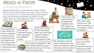 READ-A-THON
A Reading Marathon
During the Read-a-thon we ask all parents to make a special
effort to read with their children every night. Literacy is the key
to success in life and we are passionate about giving children a
flying start to becoming independent, confident, life-long
readers. Below are some suggestions on how you can help your
child become a happy and confident reader. Be a role model
and let your child
see you reading – a
newspaper, a book,
a magazine.
Talk to your child
about the joy of
reading.Read
together every
day. Make it an
enjoyable activity
Read to your
child with humour
and expression.
Use different
voices.
Be interactive. Discuss
what is happening in the
book, ask questions about
the story, point out objects
and words on the page.
Know when to stop.
Put the book away
when your child loses
interest. Choose a
different book or
come back to it later. In the evening
time, turn off the
TV and all
interactive devices
and let your child
‘get lost’ in a book.
Give everything a
name. Build your
child’s vocabulary
by talking about
interesting words
and objects and
discussing words
in the reading and
in the environment
around you.
Point out print everywhere. Talk
about written words you see in
the world around you. Find new
words on each outing.
 