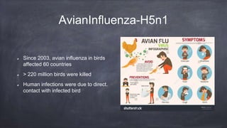 AvianInfluenza-H5n1
Since 2003, avian influenza in birds
affected 60 countries
> 220 million birds were killed
Human infections were due to direct.
contact with infected bird
 