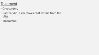 Treatment
• Cryosurgery
• Cantharidin, a chemovesicant extract from the
blist
• Imiquimod
 