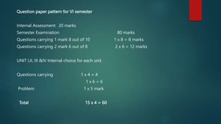 Question paper pattern for VI semester
Internal Assessment: 20 marks
Semester Examination 80 marks
Questions carrying 1 mark 8 out of 10 1 x 8 = 8 marks
Questions carrying 2 mark 6 out of 8 2 x 6 = 12 marks
UNIT I,II, III &IV Internal choice for each unit
Questions carrying 1 x 4 = 4
1 x 6 = 6
Problem 1 x 5 mark
Total 15 x 4 = 60
 