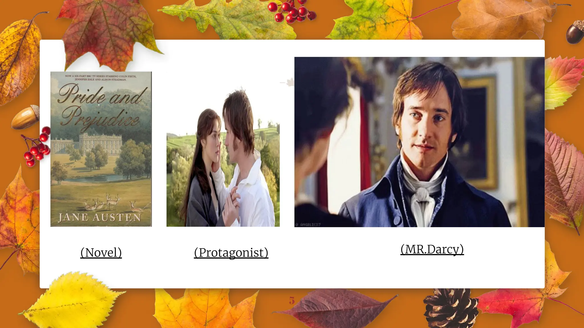 5
(Novel) (Protagonist) (MR.Darcy)
 