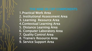 THE NINE (9) CBT COMPONENTS
1.Practical Work Area
2. Institutional Assessment Area
3. Learning Resource Area
4.Contextual Learning Area
5. Distance Learning Area
6. Computer Laboratory Area
7. Quality Control Area
8. Trainers Resource Area
9. Service Support Area
 