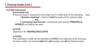 1.2.2 Debt instruments
a) Amortised cost
A financial asset is measured at amortised cost if it fulfils both of the following tests:
i) Business model test – intent to hold the asset until its maturity date;
and,
ii) Contractual cash flow test – contractual cash receipts (PRINCIPAL &
INTEREST) on holding the asset.
b) FVTPL
Objective is for TRADING/SPECULATIVE
c) FVTOCI
The investment in debt can be classified as FVTOCI if the objective of the business
business model is to instead collect the cash receipts and sell the financial asset
1. Financial Assets (cont..)
 