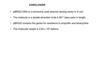 CONCLUSION
• pBR322 DNA is a commonly used plasmid cloning vector in E.coli.
• The molecule is a double-stranded circle 4,361* base pairs in length.
• pBR322 contains the genes for resistance to ampicillin and tetracycline.
• The molecular weight is 2.83 x 106 daltons.
 