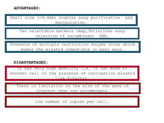 ADVANTAGES:
Small size (-4.4kb) enables easy purification and
manipulation.
Two selectable markers (Amp,Tet)allows easy
selection of recombinant DNA.
Presence of multiple restriction enzyme sites which
makes the plasmid compatible in many ways.
DISADVANTAGES:
It has very high mobility I,e. It can move to
another cell in the presence of conjugation plasmid
like F-factor.
There is limitation in the size of the gene of
interest that can accommodate.
Low number of copies per cell.
 