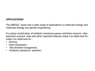 APPLICATIONS
The pBR322 vector has a wide range of applications in molecular biology and
molecular biology and genetic engineering.
It’s unique combination of antibiotic resistance genes restriction enzyme sites
restriction enzyme sites and other important features make it an ideal took for :
make it an ideal took for :
• Cloning.
• Gene expression.
• Site-directed mutagenesis.
• Antibiotic resistance selection.
 