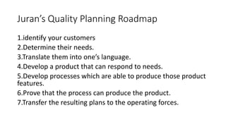 Juran’s Quality Planning Roadmap
1.identify your customers
2.Determine their needs.
3.Translate them into one’s language.
4.Develop a product that can respond to needs.
5.Develop processes which are able to produce those product
features.
6.Prove that the process can produce the product.
7.Transfer the resulting plans to the operating forces.
 