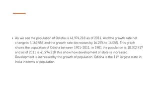 • As we see the population of Odisha is 41,974,218 as of 2011. And the growth rate net
changeis 5,169,558 and the growth rate decreases by 16.25% to 14.05%. This graph
shows the population of Odisha between 1901-2011, in 1901 the population is 10,302,917
and as of 2011 is 41,974,218 this show how development of state is increased.
Development is increased by the growth of population. Odisha is the 11th largest state in
India in terms of population.
 