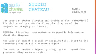 STUDIO
CHATEAU DATE:-
23/02/2024
The user can select category and choice of that category of
his choice and can see the floor plan diagram of the
respective category and choice.
LEGEND:- Pictorial representation to provide information
about the diagram.
The user can insert a legend by dragging that legend to the
required place in the placement diagram.
The user can remove a legend by dragging that legend from
placement diagram to outside.
 