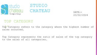 TOP CATEGORY
:-
STUDIO
CHATEAU DATE:-
23/02/2024
Top Category refers to the category where the highest number of
sales occurred.
Top Category represents the ratio of sales of the top category
to the sales of all categories.
 