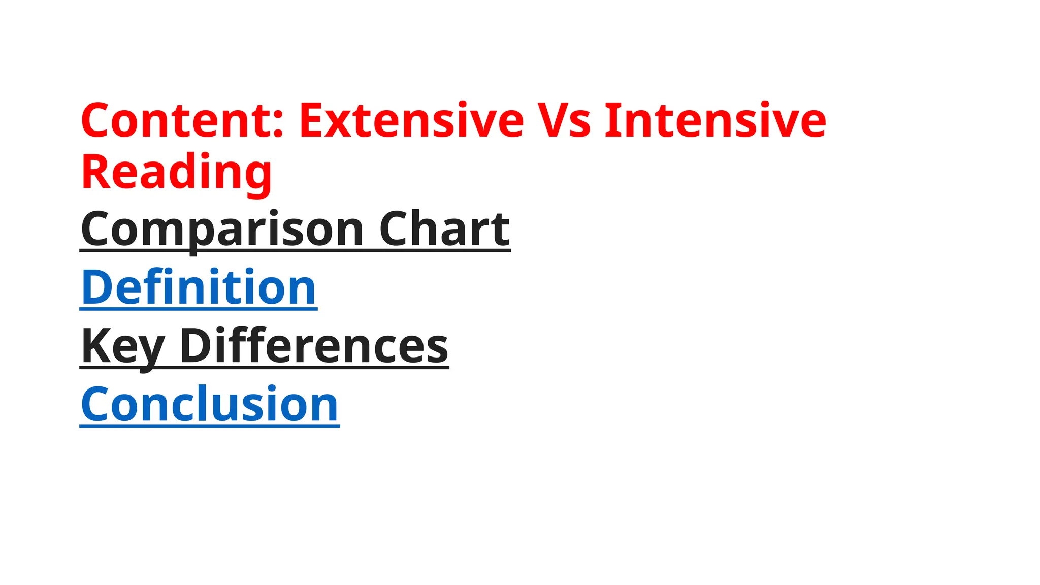 Content: Extensive Vs Intensive
Reading
Comparison Chart
Definition
Key Differences
Conclusion
 