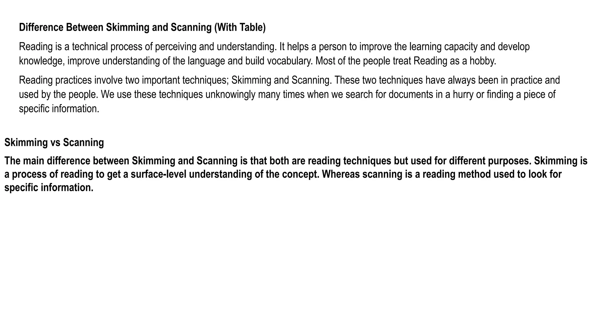 Difference Between Skimming and Scanning (With Table)
Reading is a technical process of perceiving and understanding. It helps a person to improve the learning capacity and develop
knowledge, improve understanding of the language and build vocabulary. Most of the people treat Reading as a hobby.
Reading practices involve two important techniques; Skimming and Scanning. These two techniques have always been in practice and
used by the people. We use these techniques unknowingly many times when we search for documents in a hurry or finding a piece of
specific information.
Skimming vs Scanning
The main difference between Skimming and Scanning is that both are reading techniques but used for different purposes. Skimming is
a process of reading to get a surface-level understanding of the concept. Whereas scanning is a reading method used to look for
specific information.
 
