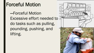 Forceful Motion
—Forceful Motion
Excessive effort needed to
do tasks such as pulling,
pounding, pushing, and
lifting.
 