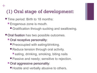 +
(1) Oral stage of development:
 Time period: Birth to 18 months:
 Erogenous zone is mouth.
 Gratification through sucking and swallowing.
 Oral fixation has two possible outcomes.
 Oral receptive personality:
 Preoccupied with eating/drinking.
 Reduce tension through oral activity.
 eating, drinking, smoking, biting nails
 Passive and needy; sensitive to rejection.
 Oral aggressive personality:
 Hostile and verbally abusive to others.
 