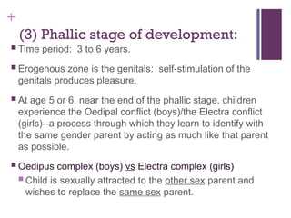 +
(3) Phallic stage of development:
 Time period: 3 to 6 years.
 Erogenous zone is the genitals: self-stimulation of the
genitals produces pleasure.
 At age 5 or 6, near the end of the phallic stage, children
experience the Oedipal conflict (boys)/the Electra conflict
(girls)--a process through which they learn to identify with
the same gender parent by acting as much like that parent
as possible.
 Oedipus complex (boys) vs Electra complex (girls)
 Child is sexually attracted to the other sex parent and
wishes to replace the same sex parent.
 
