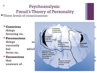 + Psychoanalysis:
Freud’s Theory of Personality
 Three levels of consciousness:
 Conscious mind:
things we are
focusing on.
 Preconscious mind:
things are are not
currently aware of
but which we could
focus on.
 Unconscious mind:
that which we are
unaware of.
 